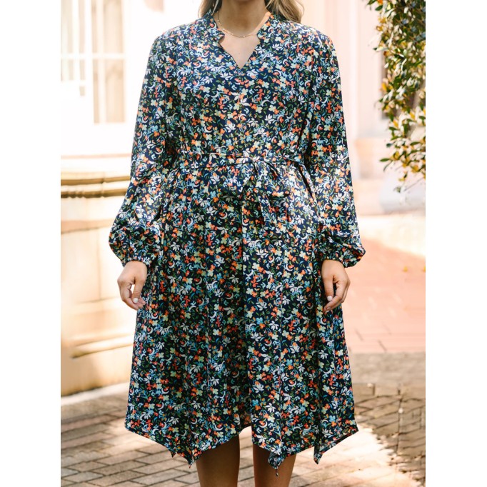 Floral lace up lantern sleeve loose fitting dress