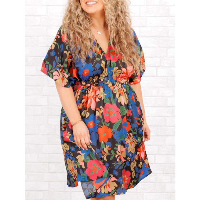 Floral Pattern Back Lace Up Waist Dress