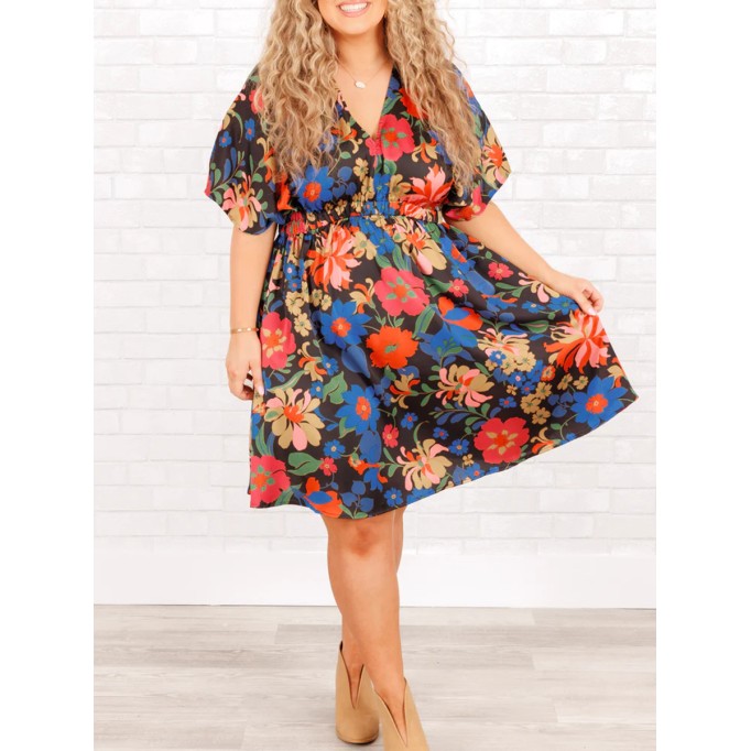 Floral Pattern Back Lace Up Waist Dress