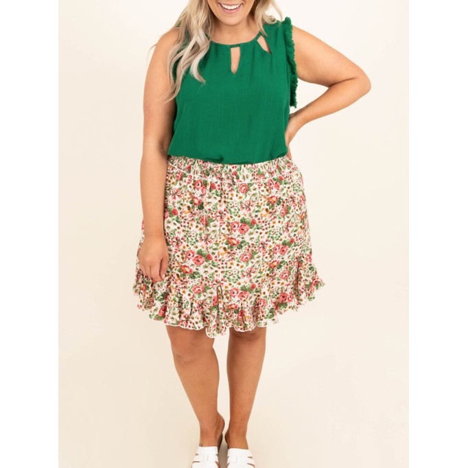 Floral Pattern Wooden Ear Edge Half Skirt