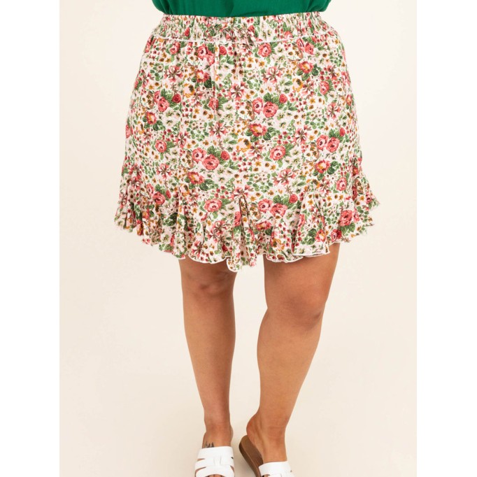 Floral Pattern Wooden Ear Edge Half Skirt