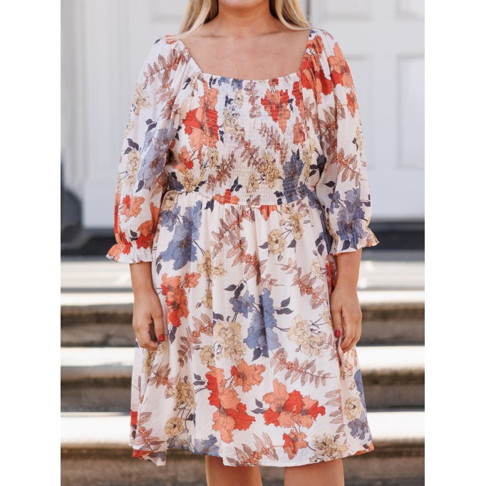 Floral patterned square neck pleated loose fitting dress