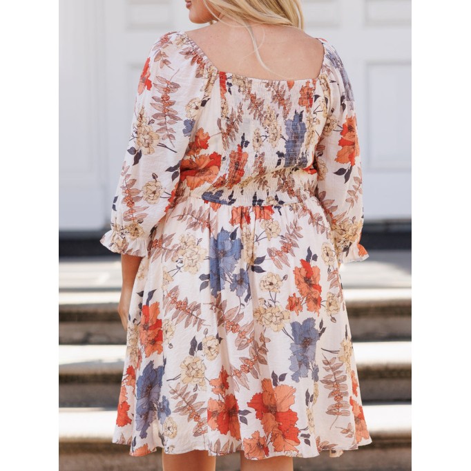 Floral patterned square neck pleated loose fitting dress