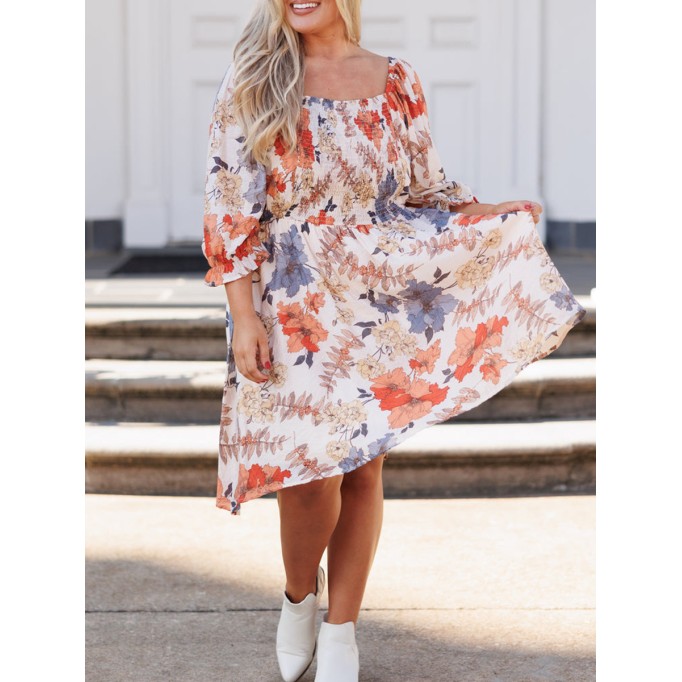 Floral patterned square neck pleated loose fitting dress