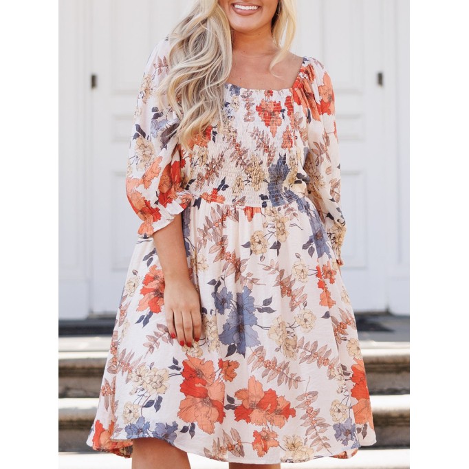 Floral patterned square neck pleated loose fitting dress