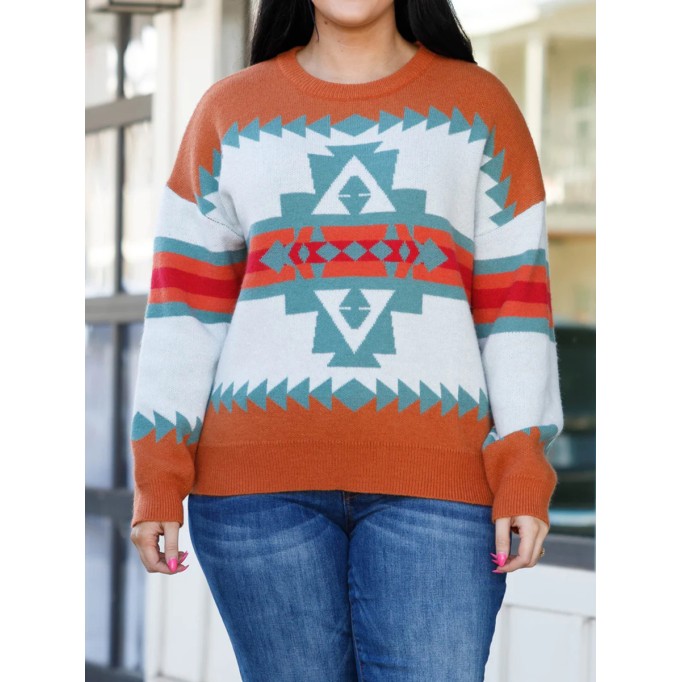 Geometric Contrast Pattern Loose Sweater