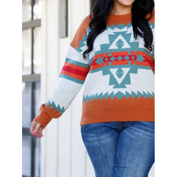Geometric Contrast Pattern Loose Sweater