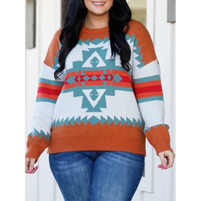 Geometric Contrast Pattern Loose Sweater