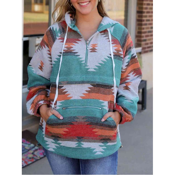 Geometric Half-Zip Drawstring Hoodie