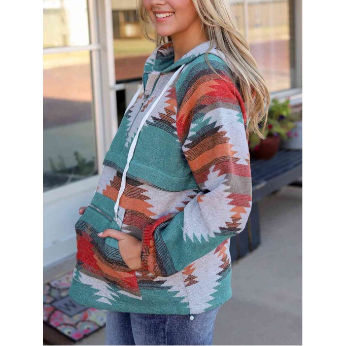 Geometric Half-Zip Drawstring Hoodie