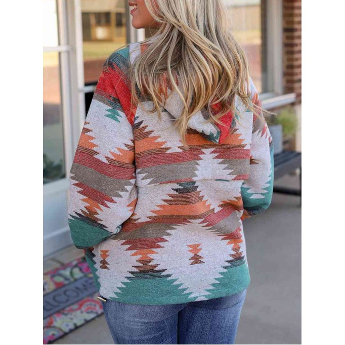 Geometric Half-Zip Drawstring Hoodie