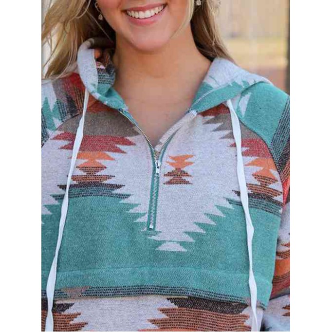 Geometric Half-Zip Drawstring Hoodie