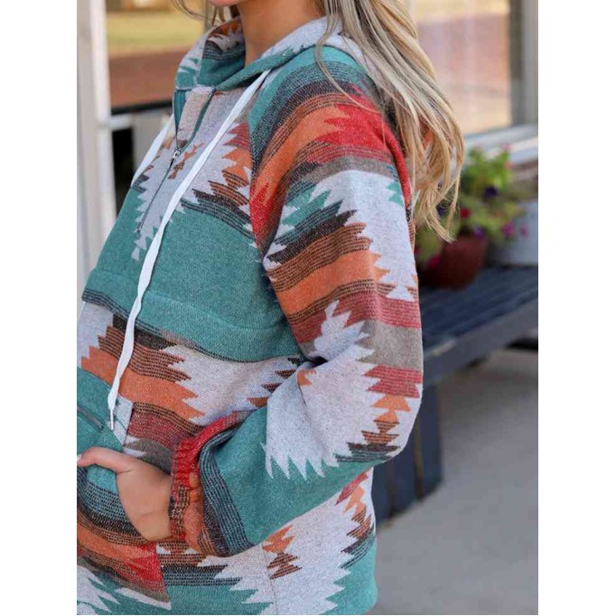 Geometric Half-Zip Drawstring Hoodie