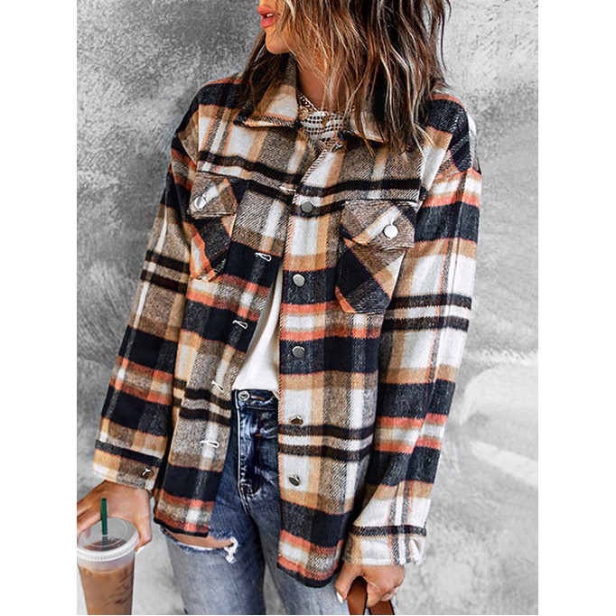 Geometric Plaid Print Pocketed Shacket