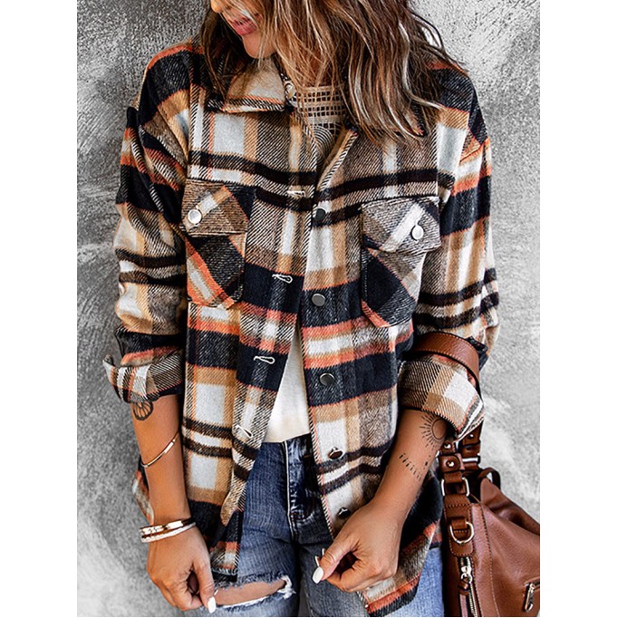 Geometric Plaid Print Pocketed Shacket