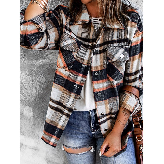 Geometric Plaid Print Pocketed Shacket