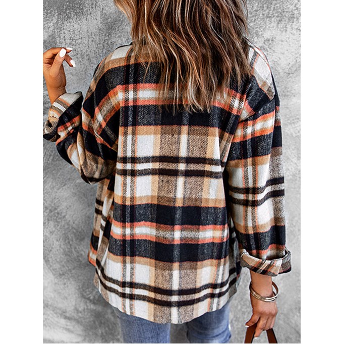 Geometric Plaid Print Pocketed Shacket