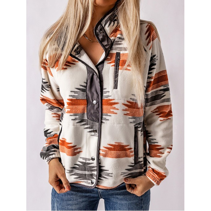 Gray Western Aztec Snap Buttoned Fleece Jacket