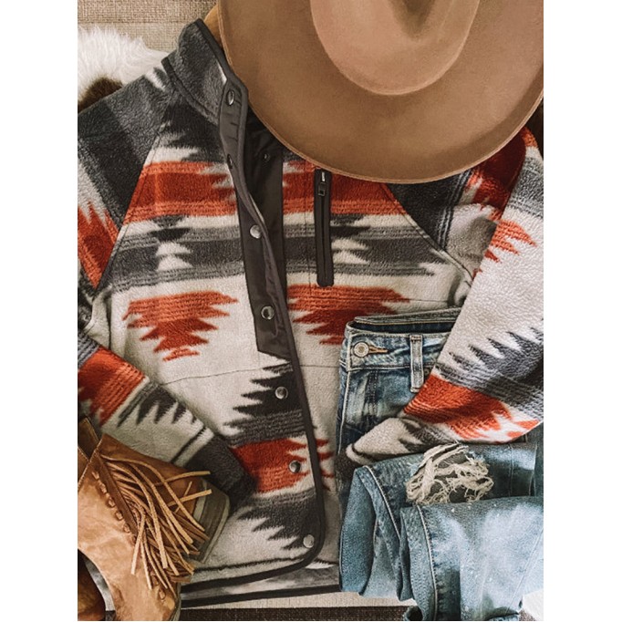 Gray Western Aztec Snap Buttoned Fleece Jacket