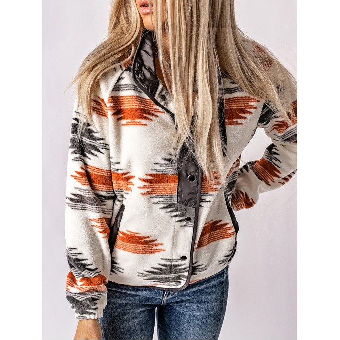 Gray Western Aztec Snap Buttoned Fleece Jacket