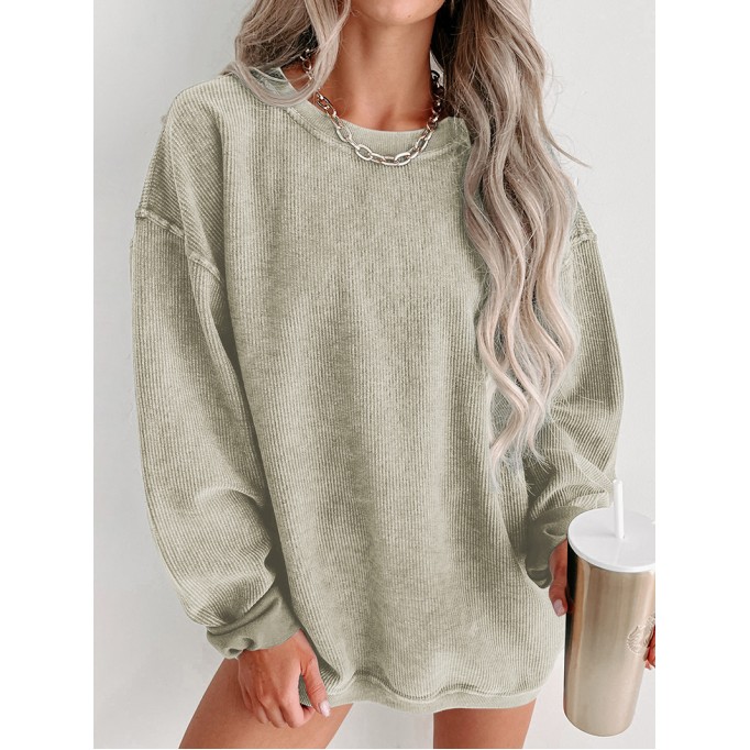 Green Solid Ribbed Knit Round Neck Pullover Sweatshirt