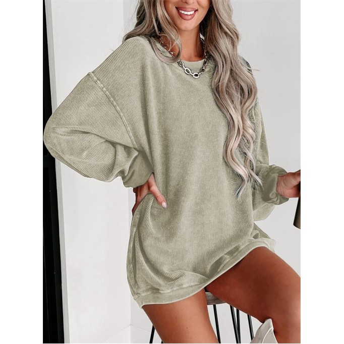 Green Solid Ribbed Knit Round Neck Pullover Sweatshirt
