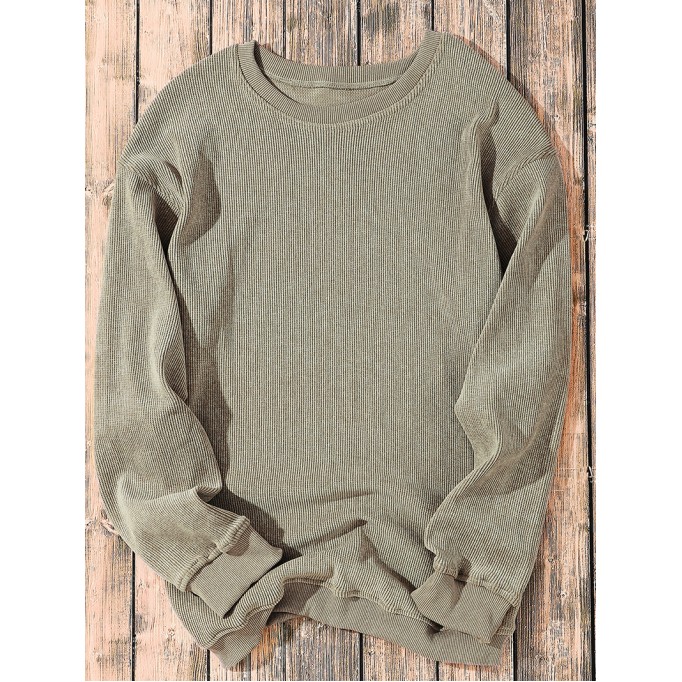Green Solid Ribbed Knit Round Neck Pullover Sweatshirt