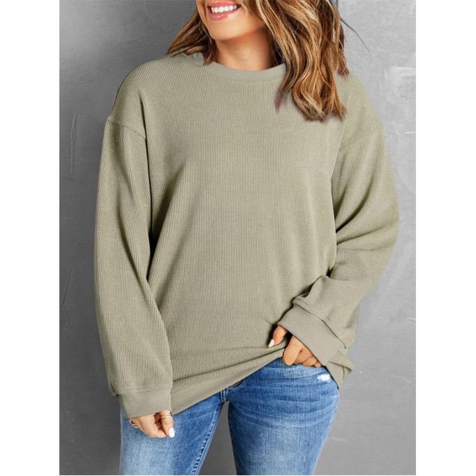 Green Solid Ribbed Knit Round Neck Pullover Sweatshirt