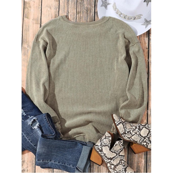 Green Solid Ribbed Knit Round Neck Pullover Sweatshirt
