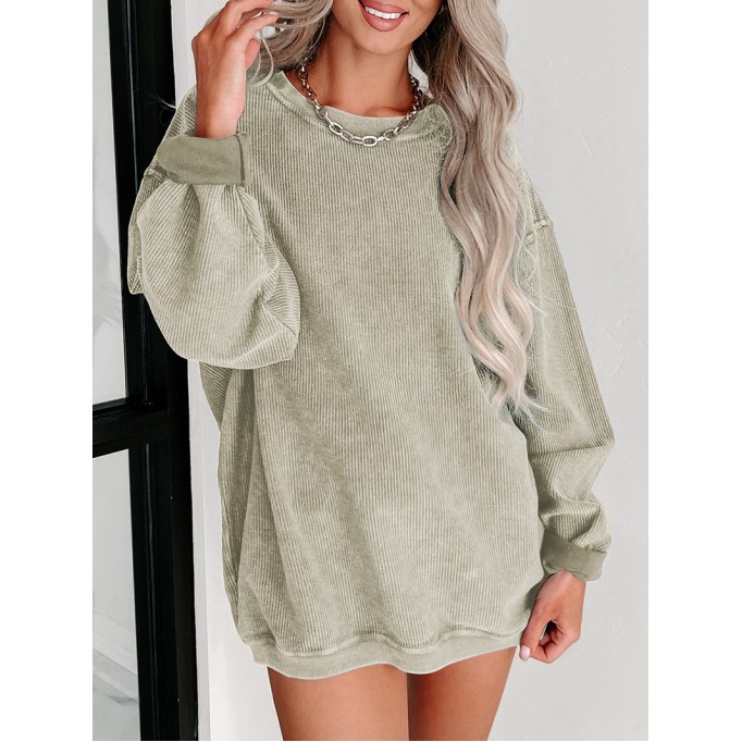 Green Solid Ribbed Knit Round Neck Pullover Sweatshirt