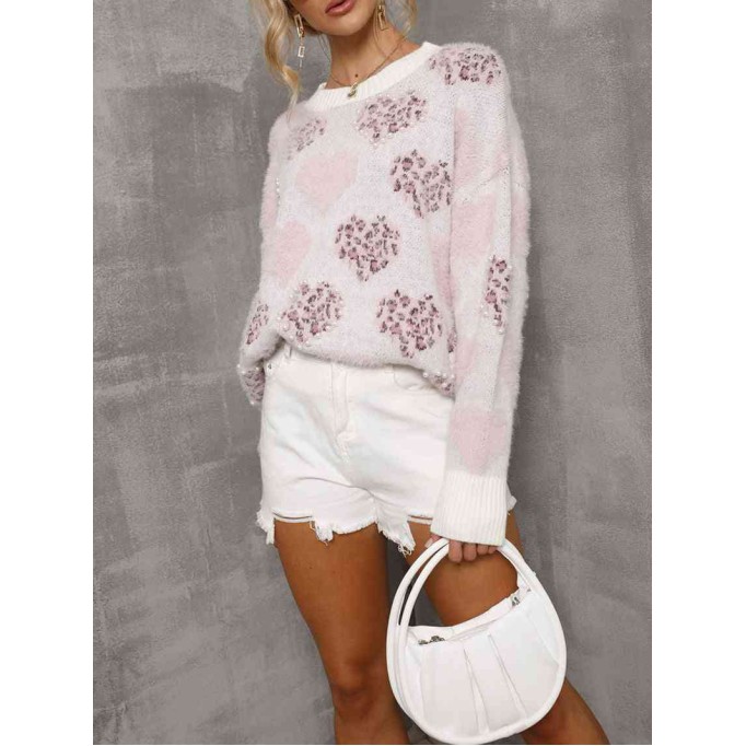 Heart Pattern Round Neck Long Sleeve Sweater