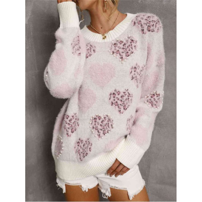 Heart Pattern Round Neck Long Sleeve Sweater