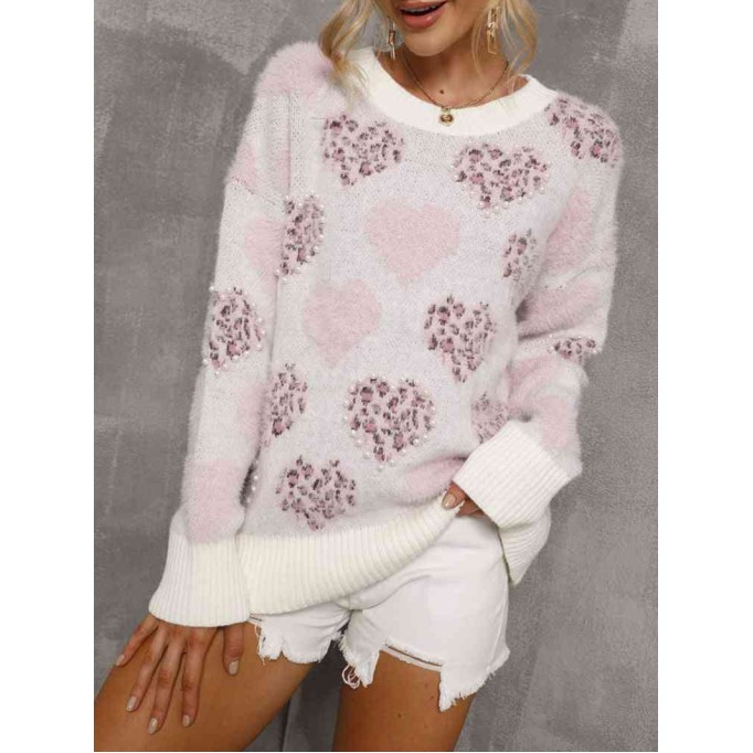 Heart Pattern Round Neck Long Sleeve Sweater