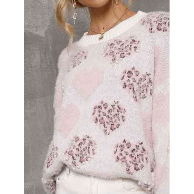 Heart Pattern Round Neck Long Sleeve Sweater