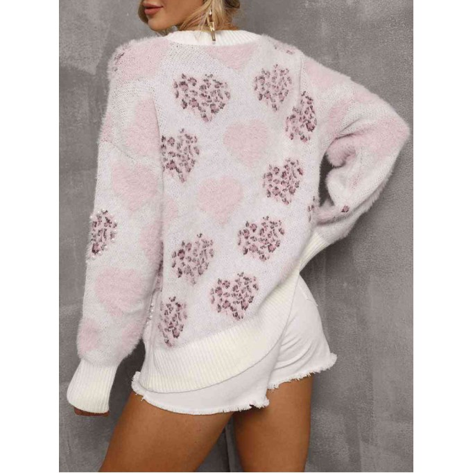 Heart Pattern Round Neck Long Sleeve Sweater