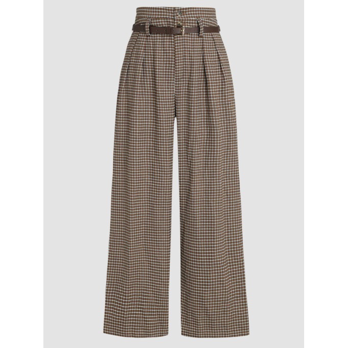 Houndstooth High Waist Belted Wide Leg Trousers