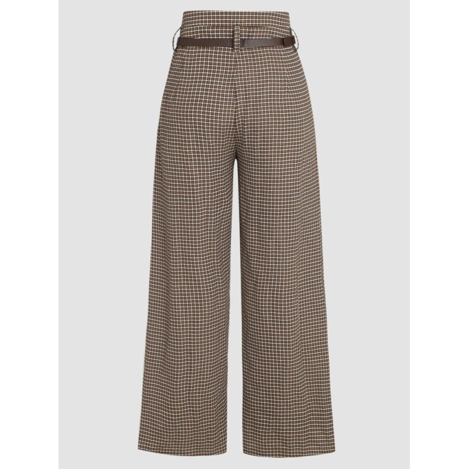 Houndstooth High Waist Belted Wide Leg Trousers