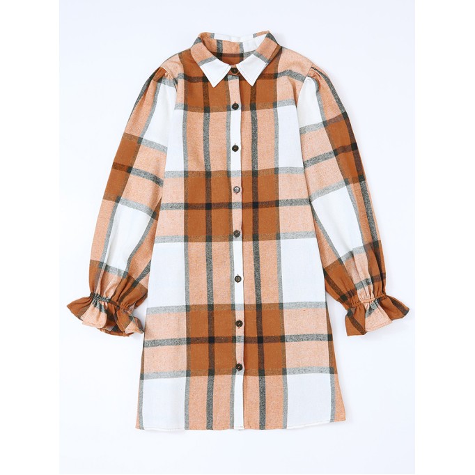 Khaki Plaid Pattern Collared Neck Ruffled Sleeve Shirt Dress