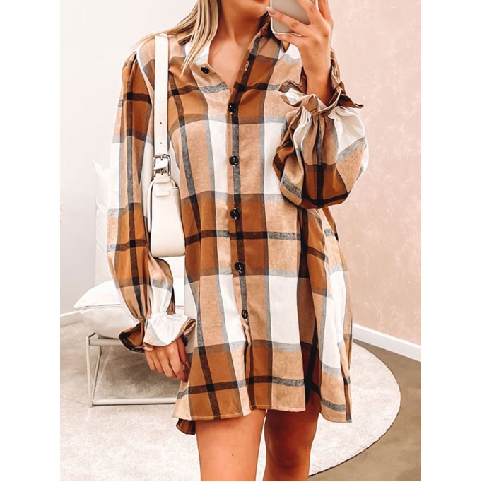 Khaki Plaid Pattern Collared Neck Ruffled Sleeve Shirt Dress