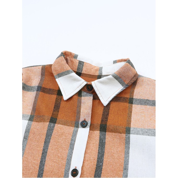 Khaki Plaid Pattern Collared Neck Ruffled Sleeve Shirt Dress