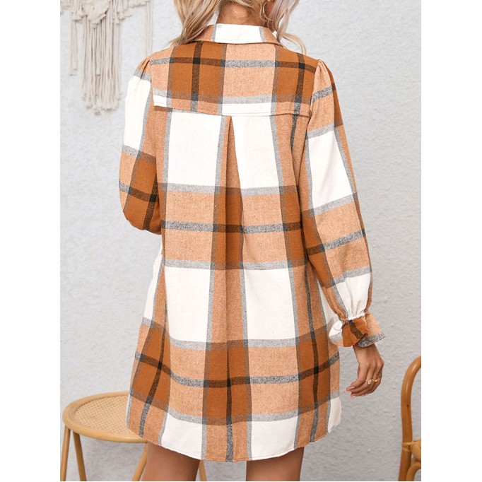 Khaki Plaid Pattern Collared Neck Ruffled Sleeve Shirt Dress
