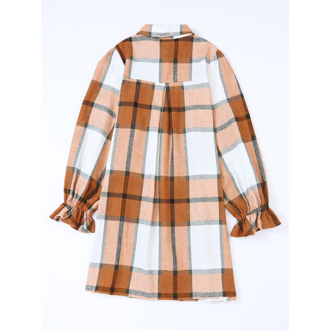 Khaki Plaid Pattern Collared Neck Ruffled Sleeve Shirt Dress