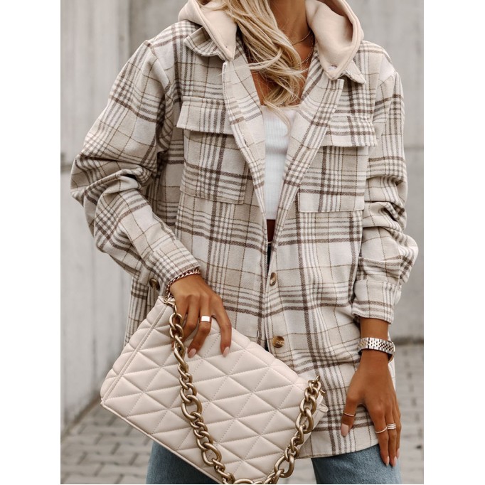 Khaki Plaid Removable Hood Buttoned Shacket