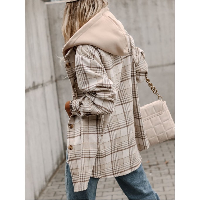 Khaki Plaid Removable Hood Buttoned Shacket