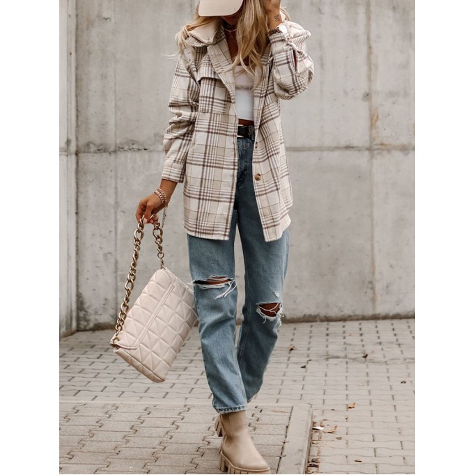 Khaki Plaid Removable Hood Buttoned Shacket
