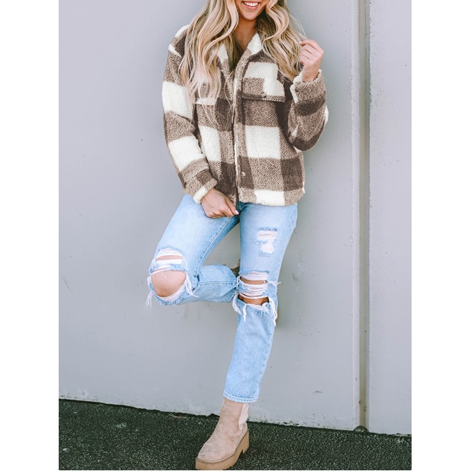 Khaki Plaid Sherpa Buttoned Flap Pocket Shacket