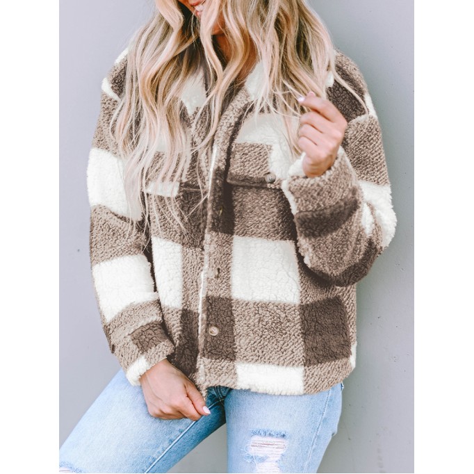 Khaki Plaid Sherpa Buttoned Flap Pocket Shacket