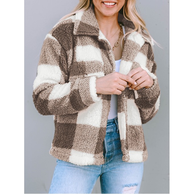 Khaki Plaid Sherpa Buttoned Flap Pocket Shacket