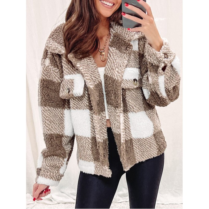 Khaki Plaid Sherpa Buttoned Flap Pocket Shacket