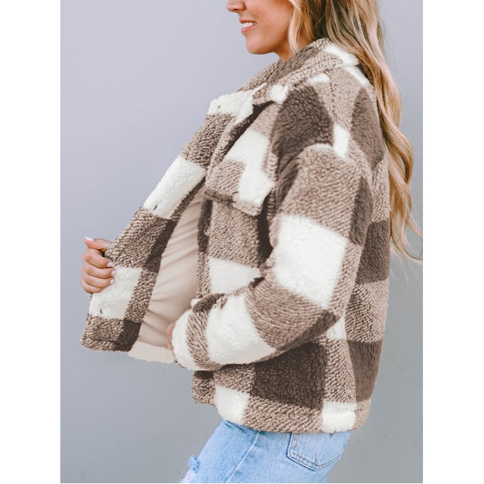 Khaki Plaid Sherpa Buttoned Flap Pocket Shacket